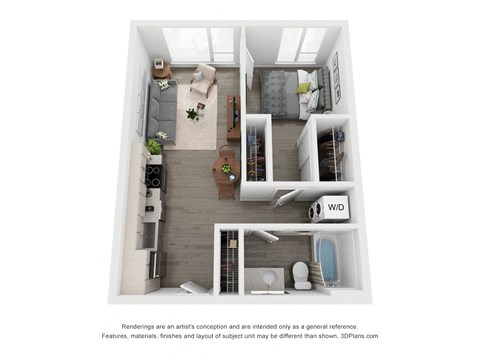 Floor plan for 1 bed, 1 bath, 629 sqft